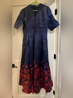Elegant Navy Maxi Dress with Red Floral Hem - Women's Fit
